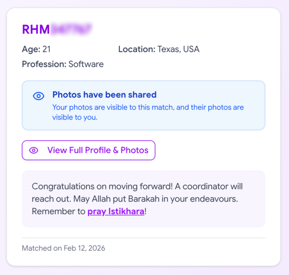 RahMatch match card — a coordinator will reach out to facilitate