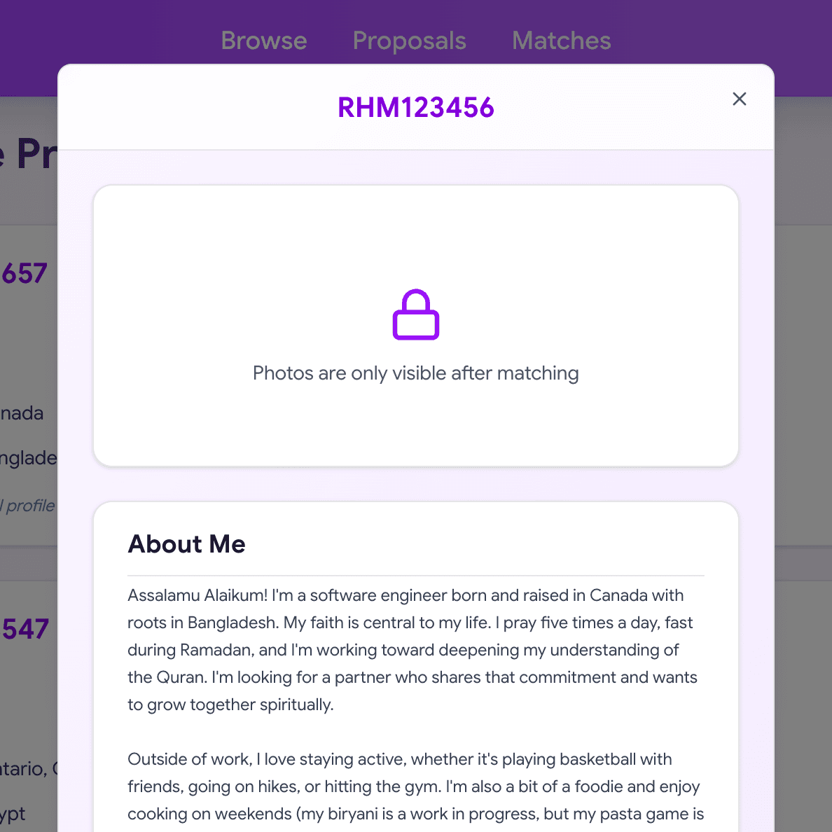 RahMatch anonymous profile — photos are only visible after matching